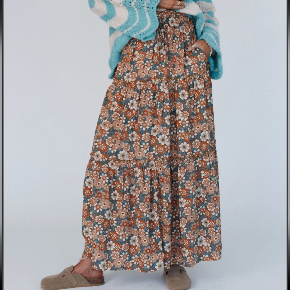 Retro Floral Print Rayon Maxi Skirt - Picture 2 of 6
